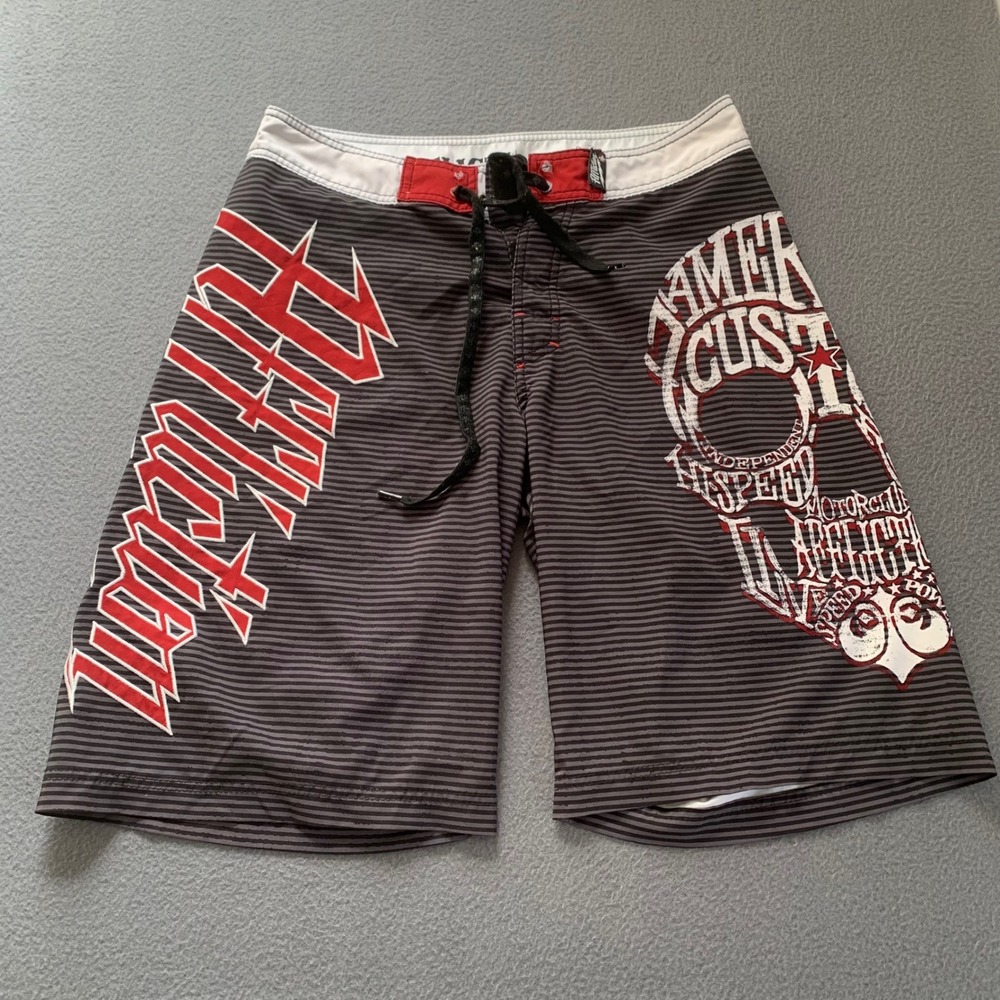 Affliction American Customs Board Shorts Mens 32 Black Red Graphic Swim Trunks